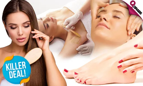 Killer Beauty Deal: Hair Mask + Head Massage + Hair Trim & Blow-Dry + Waxing + Express Mani-Pedi with Color!
